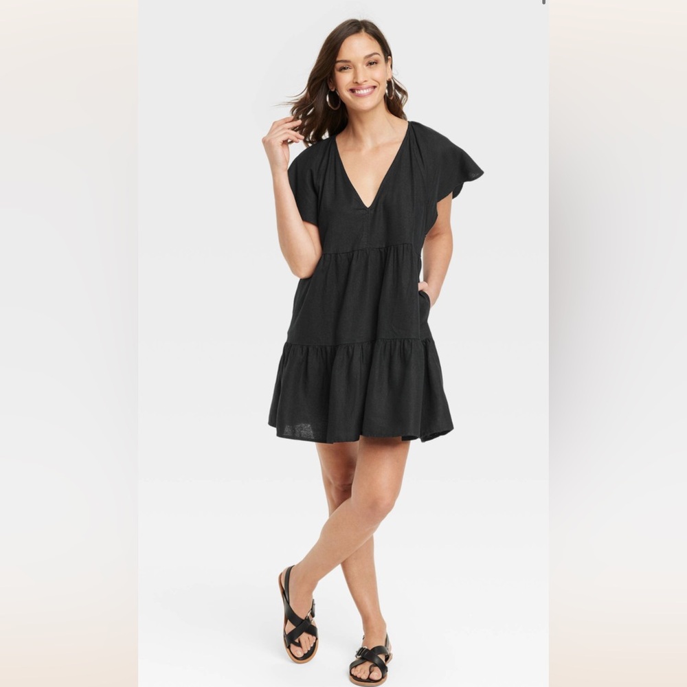 Universal Thread Linen Blend Loose Black Flutter Sleeve Skater Dress POCKETS M